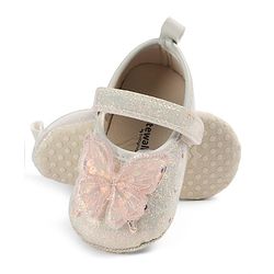 Cute Walk by Babyhug Velcro Closure Butterfly Applique Sequinned Booties With Glitter - Pink