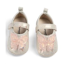 Cute Walk by Babyhug Velcro Closure Butterfly Applique Sequinned Booties With Glitter - Pink