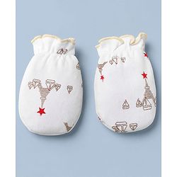 Babyhug 100% Cotton Interlock Knit Mittens & Booties With Paris Print - White