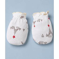 Babyhug 100% Cotton Interlock Knit Mittens & Booties With Paris Print - White