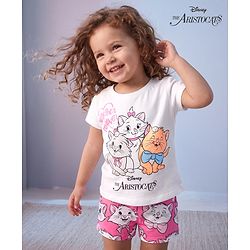 Babyhug Disney Single Jersey Knit Half Sleeves T-Shirt & Shorts Night Suit With Marie Graphics - Multicolor