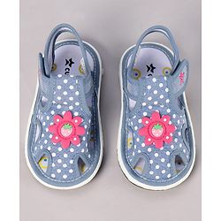 Cute Walk by Babyhug Sandals with Polka Dot Print & Floral Applique - Blue