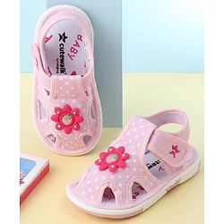 Cute Walk by Babyhug Sandals with Polka Dot Print & Floral Applique - Blue