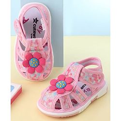 Cute Walk by Babyhug Velcro Closure Printed Sandal With Floral Applique - Pink