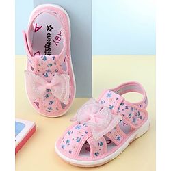 Cute Walk by Babyhug Velcro Closure Floral Printed Sandal With Bow Applique - Pink