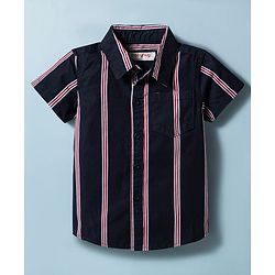 Babyhug 100% Cotton Woven Half Sleeves Striped Shirt & Shorts Set - Navy Blue & White