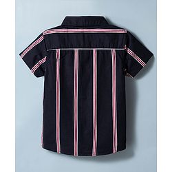 Babyhug 100% Cotton Woven Half Sleeves Striped Shirt & Shorts Set - Navy Blue & White