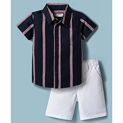 Babyhug 100% Cotton Woven Half Sleeves Striped Shirt & Shorts Set - Navy Blue & White