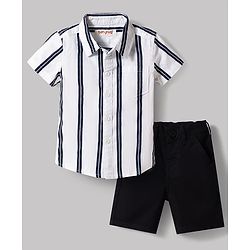 Babyhug Cotton Woven Half Sleeves Striped Shirt & Shorts Set - White
