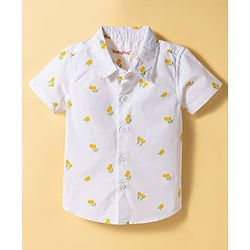 Babyhug Cotton Woven Half Sleeves Tropical Theme Printed Shirt & Shorts Set - White & Navy Blue