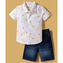 Babyhug Cotton Woven Half Sleeves Tropical Theme Printed Shirt & Shorts Set - White & Navy Blue