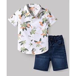 Babyhug Cotton Woven Half Sleeves Shirt & Denim Shorts Set With Floral Print - White & Blue