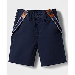 Babyhug 100% Cotton Woven Half Sleeves Checked Shirt & Shorts Set With Bow & Suspender - Dark Red & Navy Blue