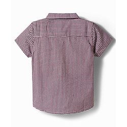 Babyhug 100% Cotton Woven Half Sleeves Checked Shirt & Shorts Set With Bow & Suspender - Dark Red & Navy Blue