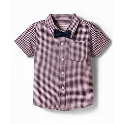 Babyhug 100% Cotton Woven Half Sleeves Checked Shirt & Shorts Set With Bow & Suspender - Dark Red & Navy Blue