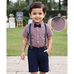 Babyhug 100% Cotton Woven Half Sleeves Checked Shirt & Shorts Set With Bow & Suspender - Dark Red & Navy Blue