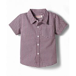 Babyhug 100% Cotton Woven Half Sleeves Checked Shirt & Shorts Set With Bow & Suspender - Dark Red & Navy Blue