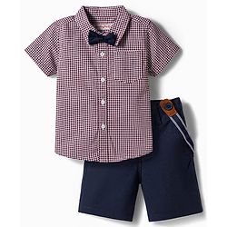 Babyhug 100% Cotton Woven Half Sleeves Checked Shirt & Shorts Set With Bow & Suspender - Dark Red & Navy Blue