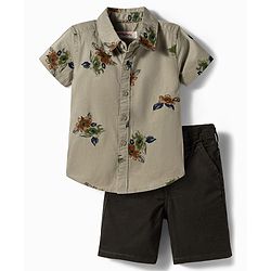 Babyhug 100% Cotton Woven Half Sleeves Floral Printed Shirt & Shorts Set - Olive Green