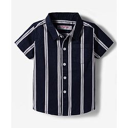 Babyhug 100% Cotton Woven Half Sleeves Striped Shirt & Shorts Set - Navy Blue & Beige