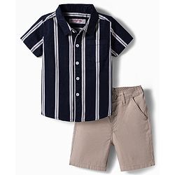 Babyhug 100% Cotton Woven Half Sleeves Striped Shirt & Shorts Set - Navy Blue & Beige