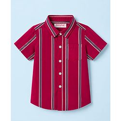 Babyhug 100% Cotton Woven Half Sleeves Striped Shirt & Shorts Set - Maroon & White