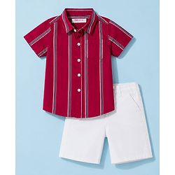 Babyhug 100% Cotton Woven Half Sleeves Striped Shirt & Shorts Set - Maroon & White