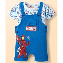 Babyhug Marvel Single Jersey Knit Half Sleeves Avengers Iron Man Printed Dungaree With Inner Tee - Blue