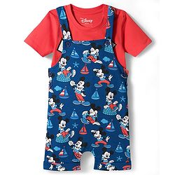 Babyhug Disney Single Jersey Knit Half Sleeves Mickey Mouse Printed Dungaree With Inner Tee - Navy Blue & Red