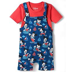 Babyhug Disney Single Jersey Knit Half Sleeves Mickey Mouse Printed Dungaree With Inner Tee - Navy Blue & Red