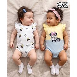 Babyhug Disney 100% Cotton Knit Half Sleeves Onesie With Minnie Mouse Graphics Pack Of 2 - White Yellow & Light Blue