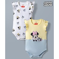 Babyhug Disney 100% Cotton Knit Half Sleeves Onesie With Minnie Mouse Graphics Pack Of 2 - White Yellow & Light Blue