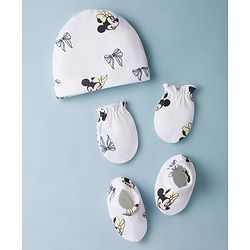Babyhug Disney Interlock Knit Cap, Mitten & Booties Set With Minnie Mouse Graphics White - Diameter 15 cm