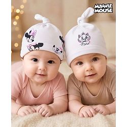 Babyhug Disney Interlock Knit Pony Caps with Disney Character Graphics Pack of 2 White - Diameter 15 cm