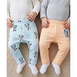 Babyhug Disney 100% Cotton Knit Full Sleeves Diaper Leggings With Minnie Mouse Graphic Pack Of 2 - Light Blue & Peach