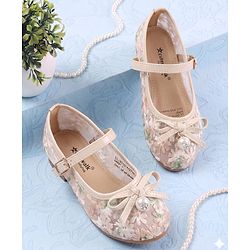 Cute Walk by Babyhug Buckle Closure Floral Embroidered Ballerina With Bow Applique - Beige