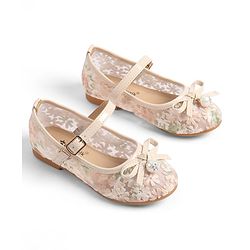 Cute Walk by Babyhug Buckle Closure Floral Embroidered Ballerina With Bow Applique - Beige