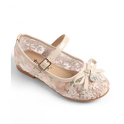 Cute Walk by Babyhug Buckle Closure Floral Embroidered Ballerina With Bow Applique - Beige