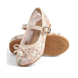 Cute Walk by Babyhug Buckle Closure Floral Embroidered Ballerina With Bow Applique - Beige