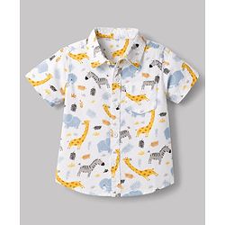 Babyhug Cotton Woven Half Sleeves Shirt & Shorts Set with Suspender & Jungle Theme Print - Blue & White