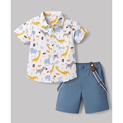 Babyhug Cotton Woven Half Sleeves Shirt & Shorts Set with Suspender & Jungle Theme Print - Blue & White