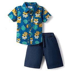 Babyhug Cotton Woven Half Sleeves Cubs Printed Shirt & Denim Shorts Set - Blue