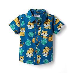 Babyhug Cotton Woven Half Sleeves Cubs Printed Shirt & Denim Shorts Set - Blue