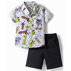 Babyhug Cotton Woven Half Sleeves Dino Printed Shirt & Denim Shorts Set - Multicolor