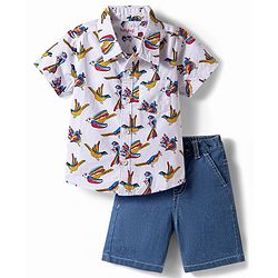 Babyhug Cotton Woven Half Sleeves Birds Printed Shirt & Denim Shorts Set - Multicolor