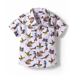 Babyhug Cotton Woven Half Sleeves Birds Printed Shirt & Denim Shorts Set - Multicolor