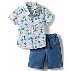 Babyhug Cotton Woven Half Sleeves Shirt & Denim Shorts Set With Tree Print - Multicolor