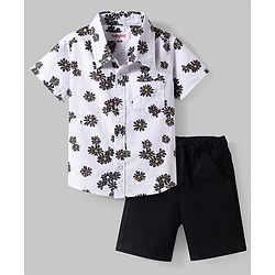 Babyhug Cotton Woven Half Sleeves Shirt & Denim Shorts Set With Floral Print - Multicolor