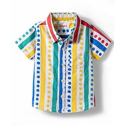 Babyhug Cotton Woven Half Sleeves Polka Dots Printed Shirt & Denim Shorts Set - Multicolor
