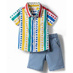 Babyhug Cotton Woven Half Sleeves Polka Dots Printed Shirt & Denim Shorts Set - Multicolor